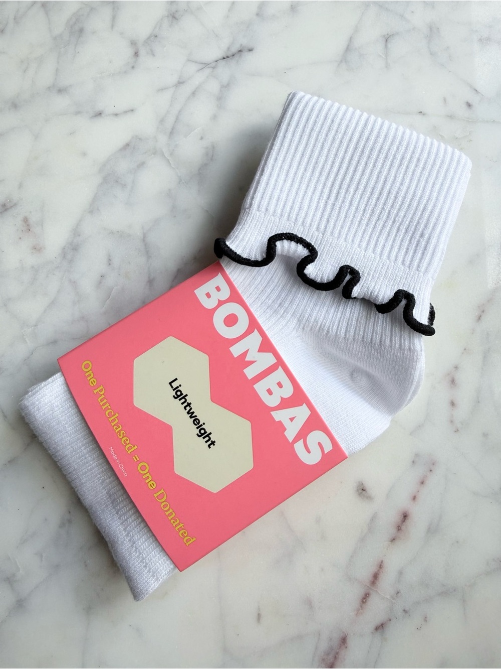Bombas Lightweight Cotton White Socks with Black Scallop Trim